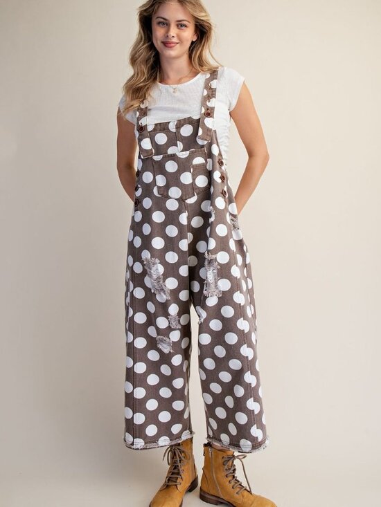 EASEL Pants - EASEL POLKA DOTS PRINT ENZYME WASHED TWILL OVERALL 100% COTTON